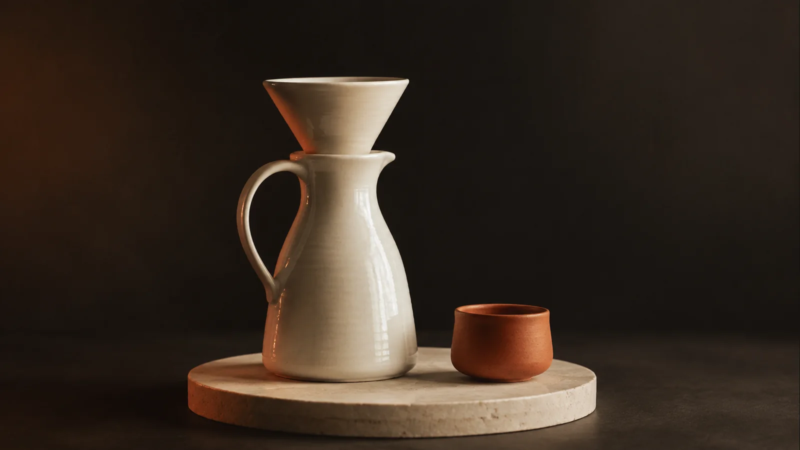 Warm ivory ceramic objects against a dark background.