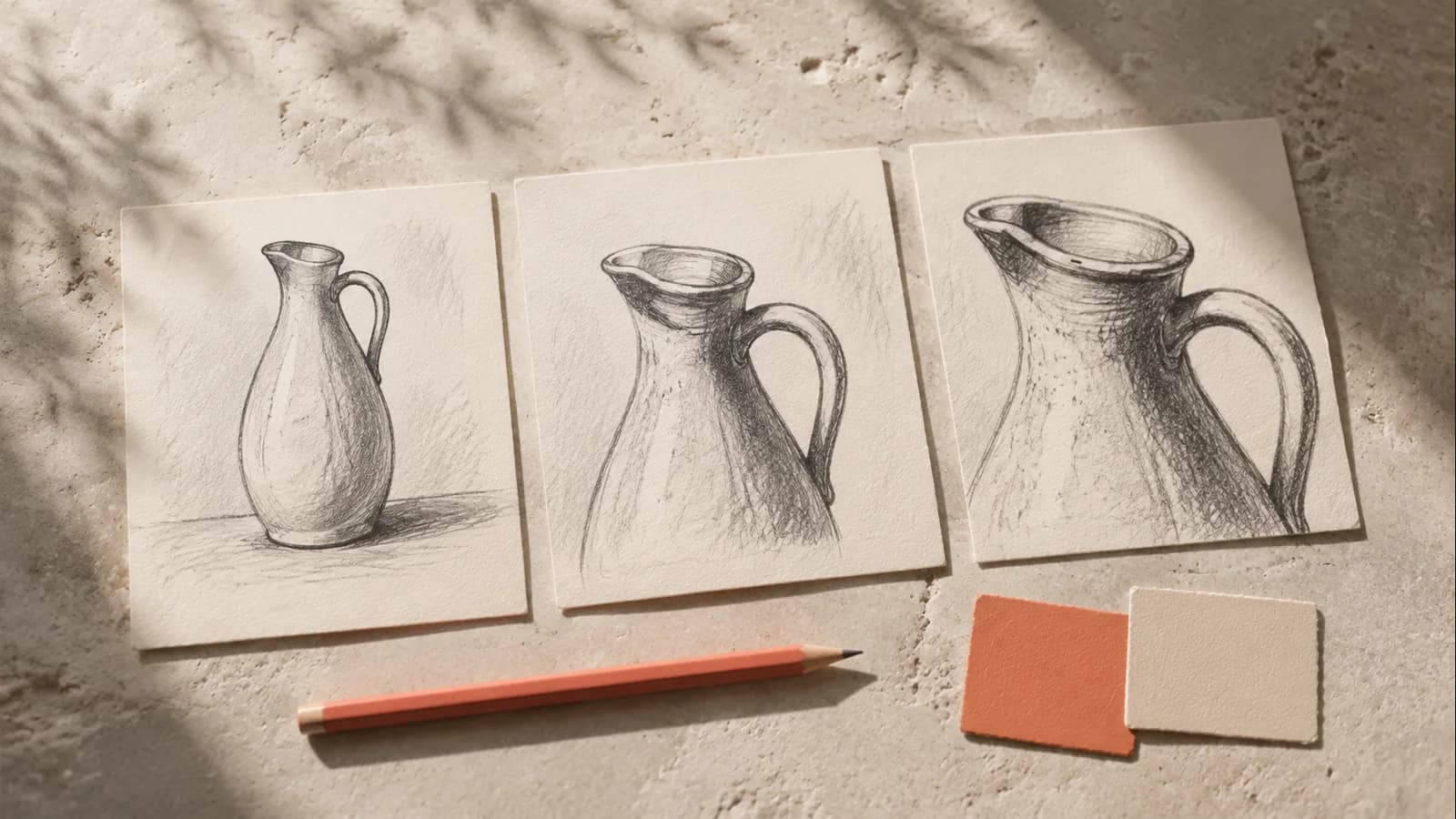 Three illustrated ceramic-pitcher storyboard frames. These do not establish product consistency across images.